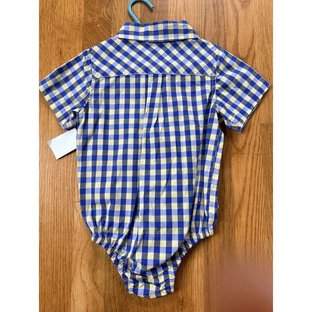 NWT Andy & Evan Boys Shirtzie Bodysuit 18-24M Blue Yellow Gingham Button Down